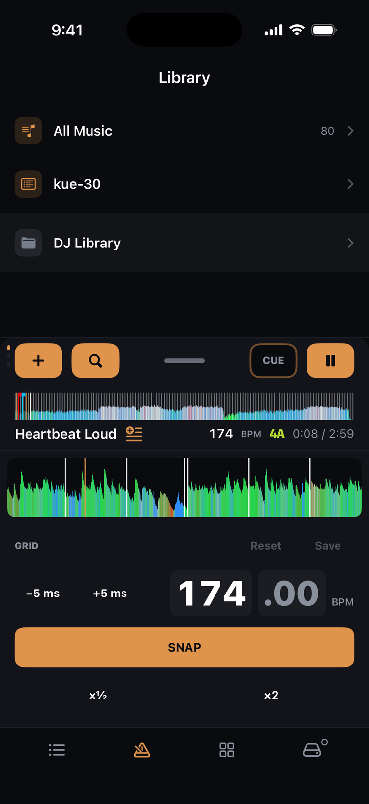 Beatgrid editor with BPM readout and snap and nudge controls